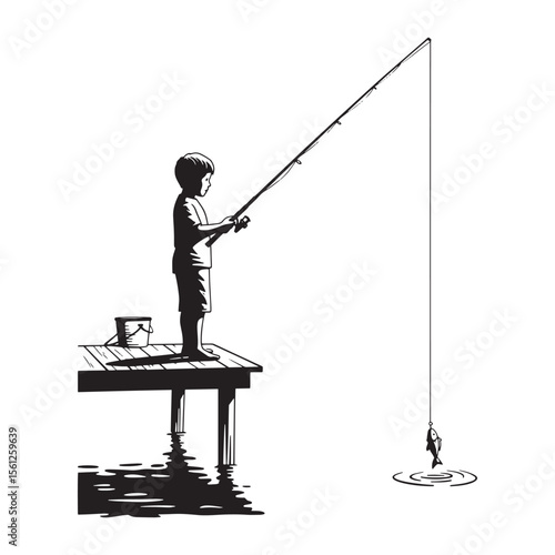 A young boy fishing on a wooden dock with a fish outline in vector art