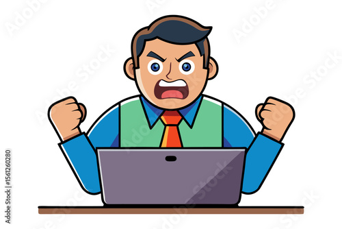Frustrated businessman shouting and shaking fists in anger while working on a laptop computer
