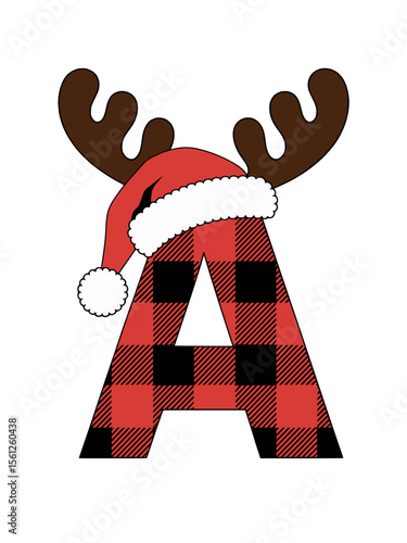 Plaid Letter A with Santa Hat and Antlers Christmas Design, Festive letter A decorated with buffalo plaid, Santa hat, and reindeer antlers, perfect for Christmas crafts, cards, or holiday decor.

