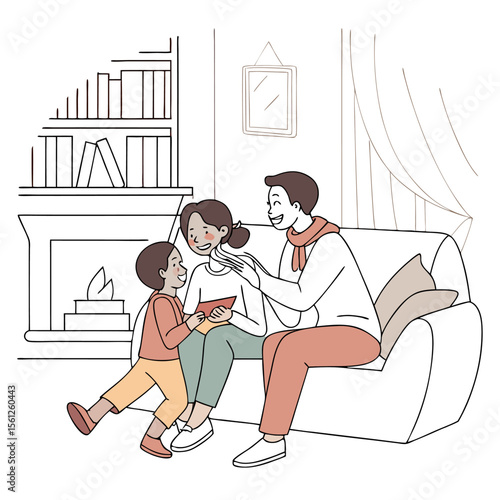 Illustration of a family sitting on a couch in a living room with a fireplace and a bookshelf behind them