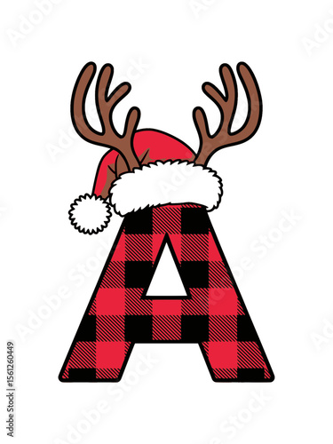 Plaid Letter A with Santa Hat and Antlers Christmas Design, Festive letter A decorated with buffalo plaid, Santa hat, and reindeer antlers, perfect for Christmas crafts, cards, or holiday decor.

