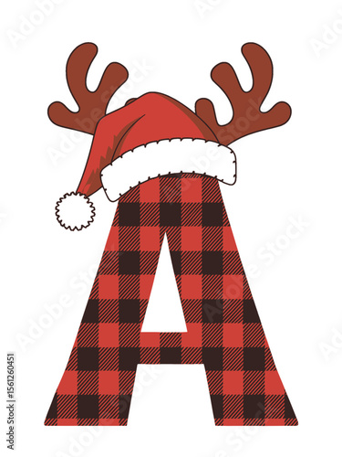 Plaid Letter A with Santa Hat and Antlers Christmas Design, Festive letter A decorated with buffalo plaid, Santa hat, and reindeer antlers, perfect for Christmas crafts, cards, or holiday decor.

