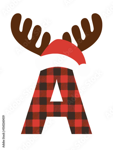 Plaid Letter A with Santa Hat and Antlers Christmas Design, Festive letter A decorated with buffalo plaid, Santa hat, and reindeer antlers, perfect for Christmas crafts, cards, or holiday decor.


