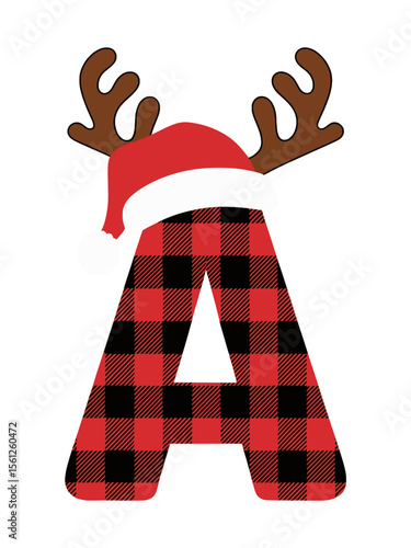 Plaid Letter A with Santa Hat and Antlers Christmas Design, Festive letter A decorated with buffalo plaid, Santa hat, and reindeer antlers, perfect for Christmas crafts, cards, or holiday decor.


