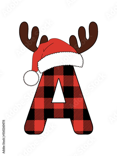 Plaid Letter A with Santa Hat and Antlers Christmas Design, Festive letter A decorated with buffalo plaid, Santa hat, and reindeer antlers, perfect for Christmas crafts, cards, or holiday decor.

