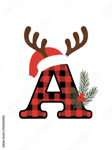 Plaid Letter A with Santa Hat and Antlers Christmas Design, Festive letter A decorated with buffalo plaid, Santa hat, and reindeer antlers, perfect for Christmas crafts, cards, or holiday decor.

