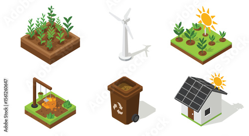 Isometric illustrations depicting sustainable practices: agriculture, wind energy, solar power, water well, recycling, and solar panel house.