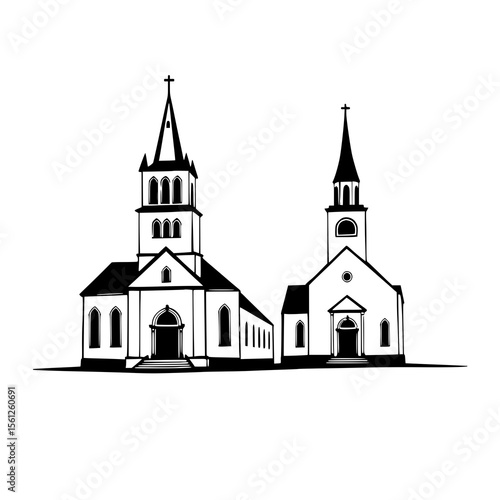 Wallpaper Mural Two Churches: A Monochrome Line Art Illustration Torontodigital.ca