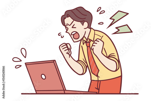 Frustrated businessman yelling in anger at his laptop screen clenching his fists in exasperation and defeat