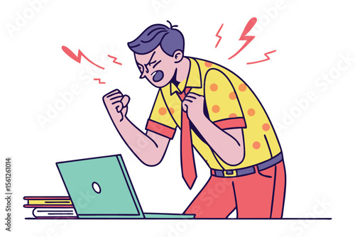 Frustrated businessman yelling at laptop with fists clenched amidst lightning bolt symbols representing stress