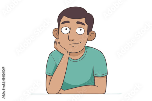 Contemplative Gaze: A thoughtful individual rests his chin on his hand, his eyes filled with contemplation, suggesting a moment of introspection, captured in a light and airy illustrative style.