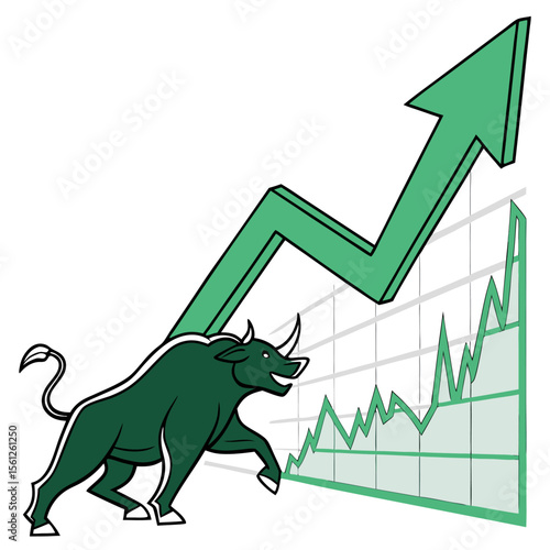 Illustration of a green bull with horns walking in front of an upward trending stock market chart line graph