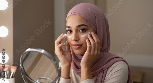 Beautiful Woman Applying Eye Cream, Skincare Routine, Makeup Mirror