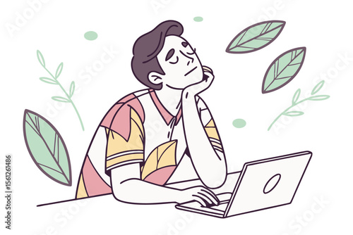Daydreaming at the Laptop: A young man sits at his laptop, lost in thought, his hand resting on his chin. Green leaves and simple botanical illustrations surround him.
