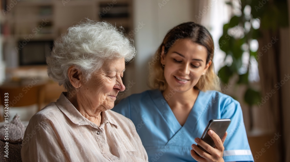 Caring female nurse smiles while engaging with elderly woman in cozy indoor setting Caring female nurse smiles while engaging with elderly woman in cozy indoor setting