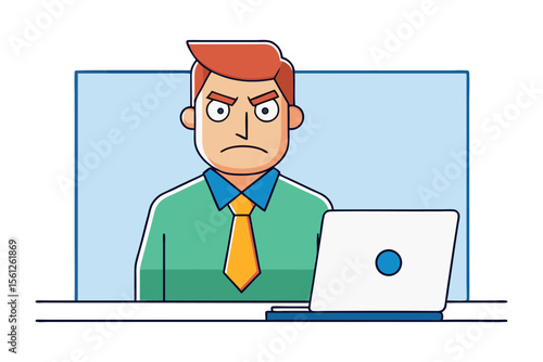 Frustrated businessman with angry expression sitting at a desk with a laptop conveying stress and dissatisfaction in the workplace