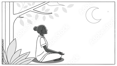Woman meditating under a tree at night with the moon visible in the background in black and white style