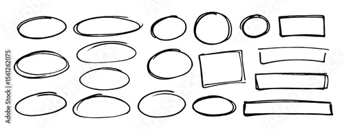 Hand drawn doodle sketch marker circle, oval, ellipse, rectangle frame. Handdrawn marker emphasis elements.