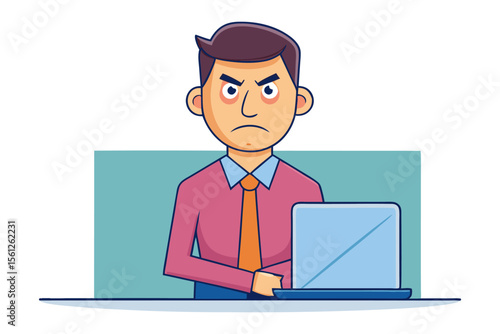 Frustrated businessman working on laptop with angry expression and red eyes feeling stressed