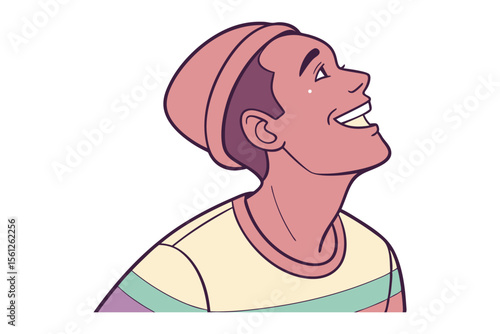 Joyful Anticipation: A vibrant illustration of a young individual looking upward with a radiant smile, capturing a moment of pure happiness, hope and anticipation.