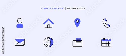Contact icon set for customer service or call center. Communication support by mail address, mobile, telephone, email marketing, fax, website, location information in business hours. color line icons