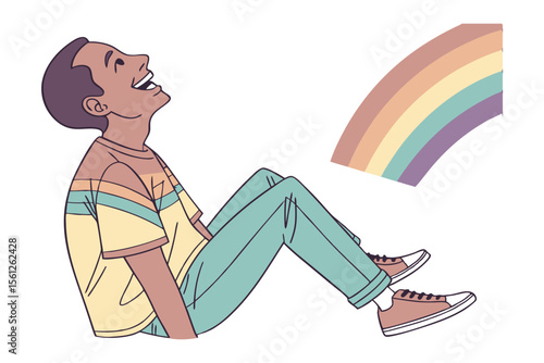 Joyful Outlook: A cheerful figure reclines with infectious laughter, gazing up at a vibrant rainbow as a symbol of hope and optimism.