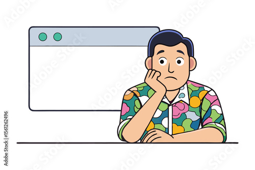 Bored man wearing colorful shirt leans on hand next to empty computer browser window with green dots