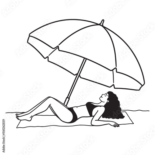 Relaxing woman sunbathing under beach umbrella on summer vacation black and white illustration