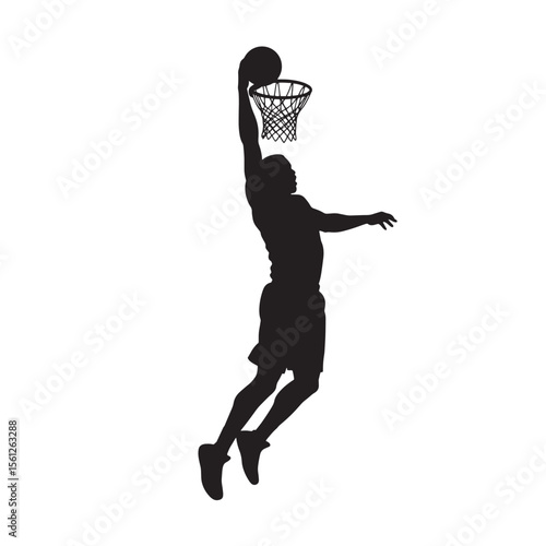 Silhouette of a basketball player executing a dunk with ball and net on white background