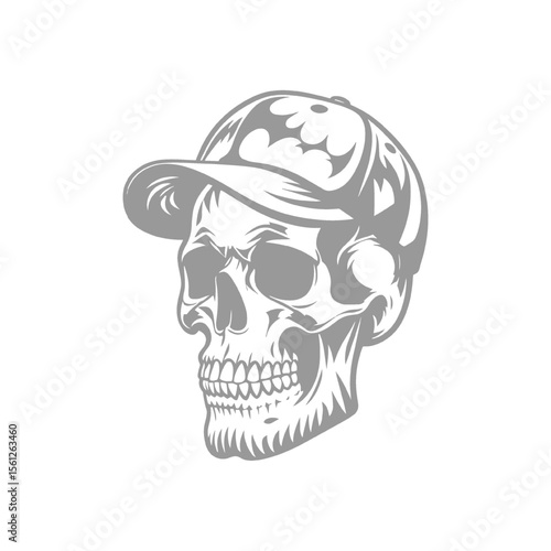Skull wearing a baseball cap in a monochrome style