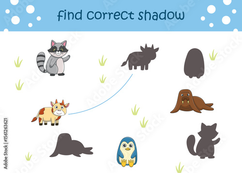 Funny cartoon wild life. Find the correct shadow. Kids Education games. Cartoon vector illustration