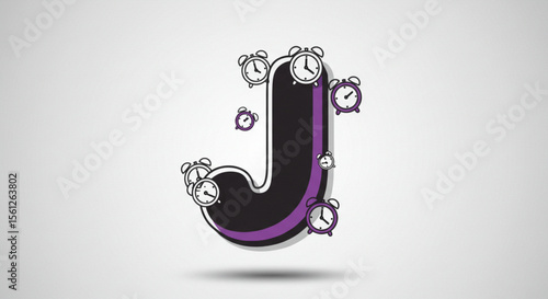 Letter J and Clock Design Time-Related Conceptual Illustration with Alarm Clocks
