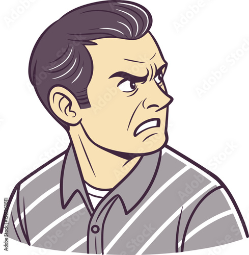 Cartoon man with furrowed brows and compressed lips expressing irritation and internal emotional conflict