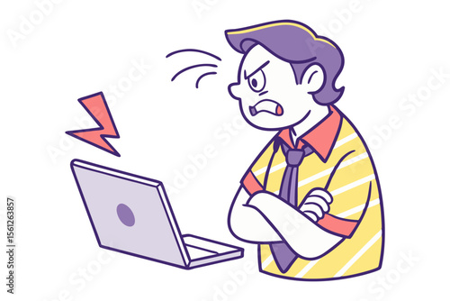Frustrated cartoon man angrily staring at laptop screen with arms crossed and lightning bolt symbolizing stress