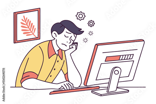 Frustrated person with head in hand staring at a computer screen with a loading bar and gears indicating a slow process