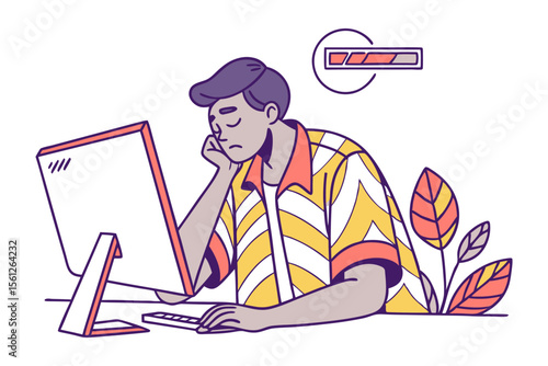 Frustrated person with head in hand staring at a computer screen with a loading bar indicating a slow process or failure