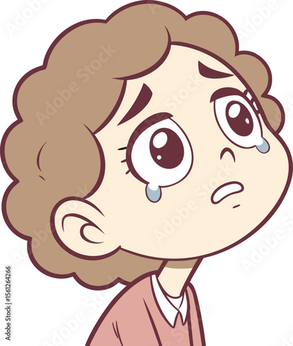 Brown-haired child looking up sadly with glassy eyes and light blush expressing silent sorrow and hope