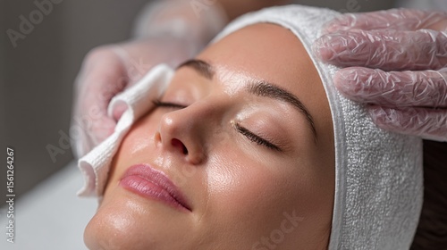 Beautician Gently Wiping Face of Woman with Napkin During Facial Treatment in Spa Setting
