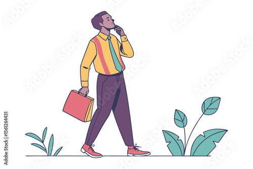 Thoughtful businessman in colorful attire walks with a briefcase contemplating his next move amidst stylized foliage
