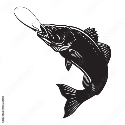 Striking black and white vector illustration of a fish hooked and leaping
