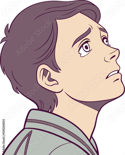 Boy with upturned gaze and tearful eyes in soft lighting expressing longing and emotional fragility