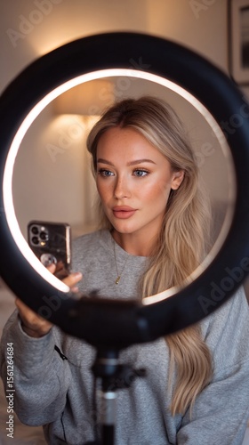 Glamorous Beauty Influencer Filming GRWM Tutorial with Ring Light for Flawless Makeup Look