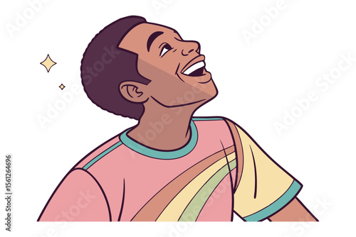 Joyful Gaze: A portrait of a young man with a radiant smile, looking upwards with an expression of pure joy and wonder. The image radiates optimism and depicts happiness and contentment.