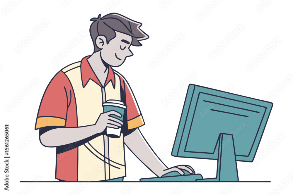 Fototapeta premium Smiling young man in casual clothing holding a coffee cup while using a computer and mouse illustrating modern work or leisure activities