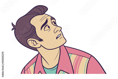 A Moment of Apprehension: An illustrated portrait of a man exhibits a look of consternation, his eyes fixated upward, capturing the essence of worry and alarm.