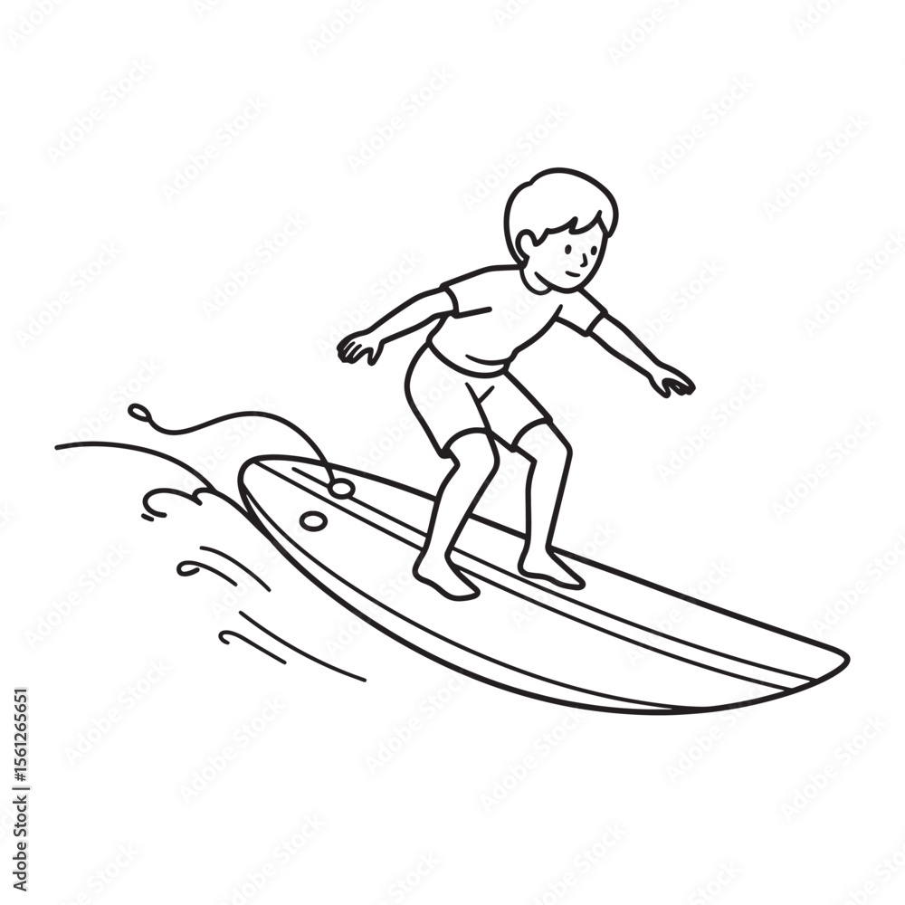 Fototapeta premium Vector illustration of a young boy surfing on a surfboard in black and white