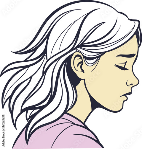 Girl with white hair and lowered head in gentle sorrowful expression showing reflective sadness