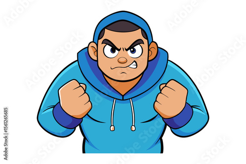 Angry Cartoon Man: A cartoon illustration of an angry young man in a blue hoodie, fists clenched, with a fierce expression.