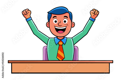 Excited cartoon businessman with blue hair and a green shirt celebrating success with fists raised high above his desk
