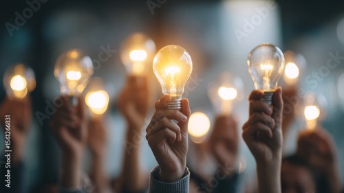 Team Collaboration with Bright Light Bulbs Symbolizing Ideas and Innovation in a Business Setting